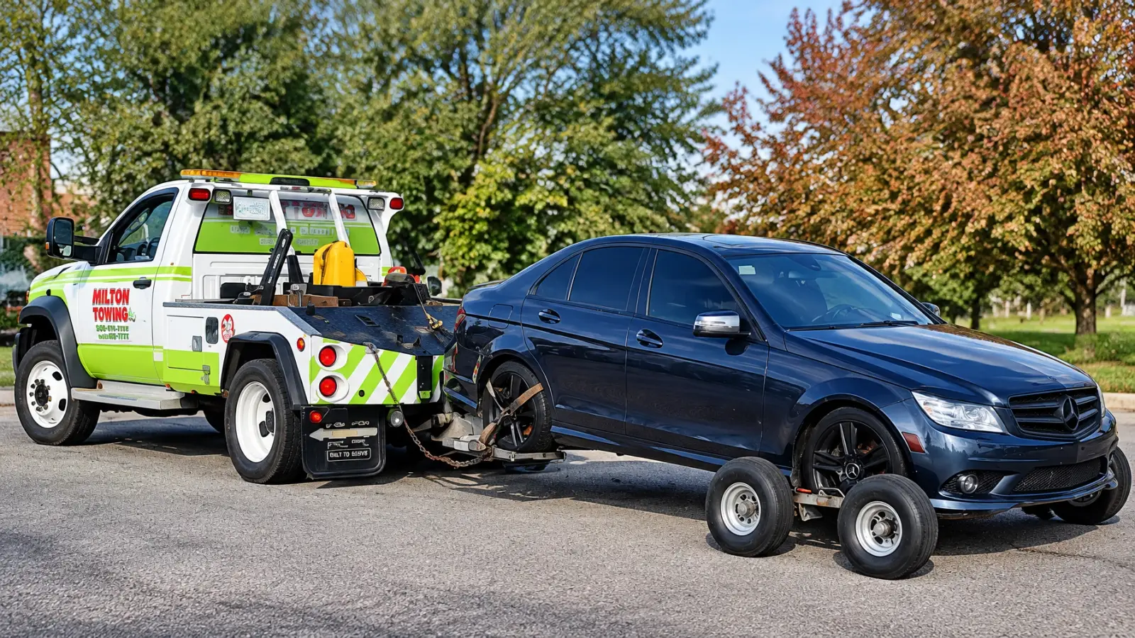 Milton Towing’s branded truck loading a customer’s car