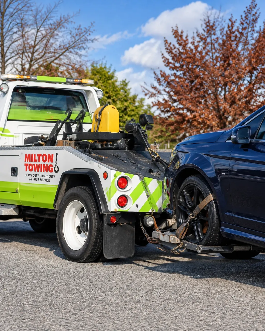 Close view of the Milton Towing truck and car being loaded